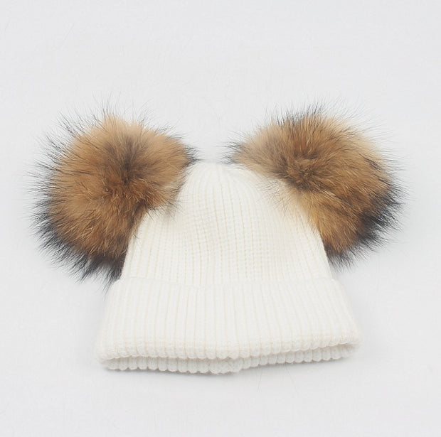 Children's double hair ball curling autumn and winter warm earmuffs knitted hat