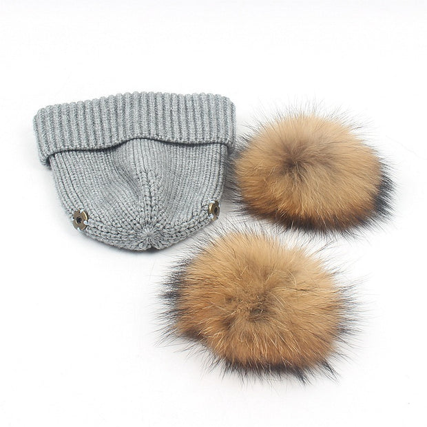 Children's double hair ball curling autumn and winter warm earmuffs knitted hat